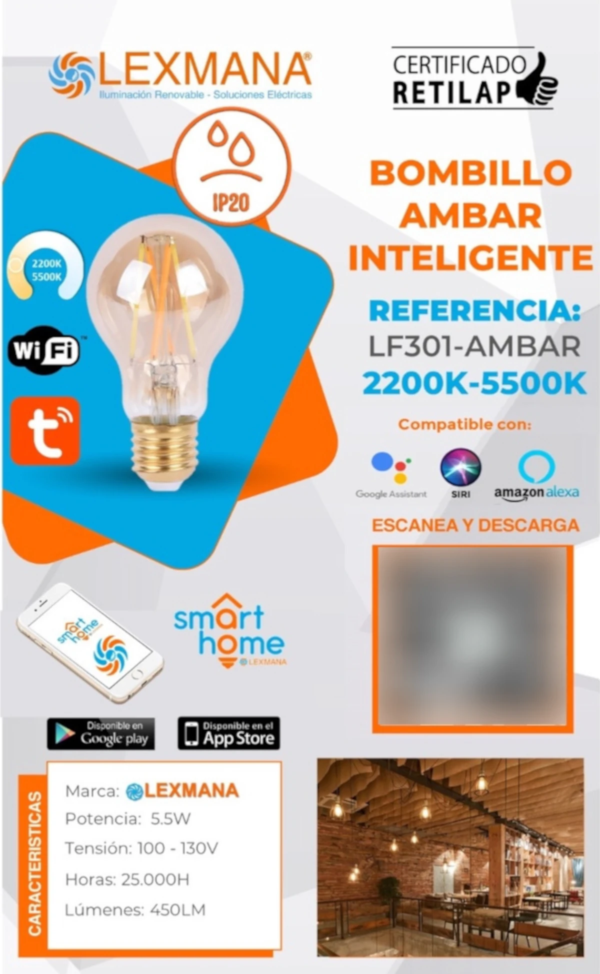 Bombillo Vintage Wifi Inteligente 5.5w Ambartransparente